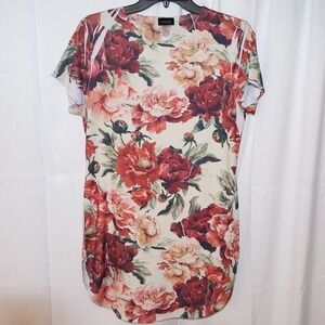 Haute Mess Tunic Top, Sz L Floral Short Sleeves Circle Hem